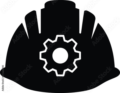 Modern hard hat with gear symbol representing industry and construction progress