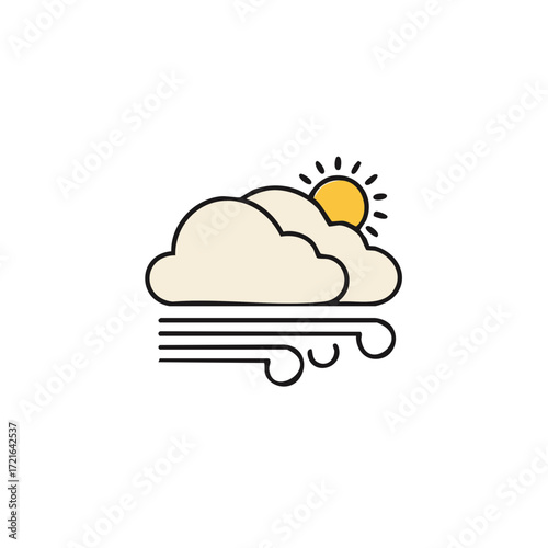 Illustrated cloud, sun, and wind weather icon with outlines for design or forecast.