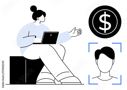 Person seated with laptop and gesturing to a dollar sign and facial recognition icon. Ideal for finance, security, technology, innovation, data privacy, identity management, simple flat metaphor