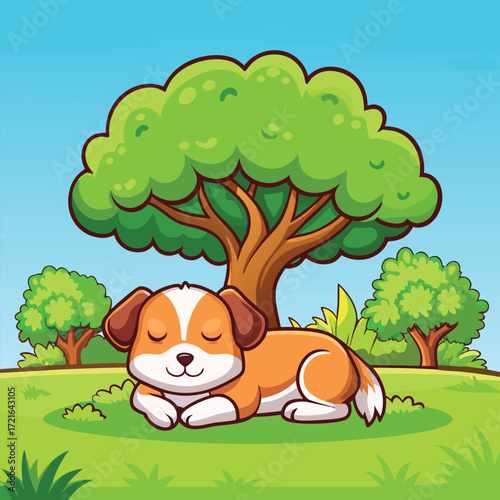 Adorable cartoon dog napping peacefully underneath a lush green tree in a sunny meadow vector