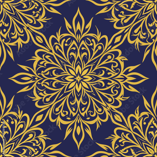 Yellow mandala pattern on a deep navy blue background intricate symmetrical design gold