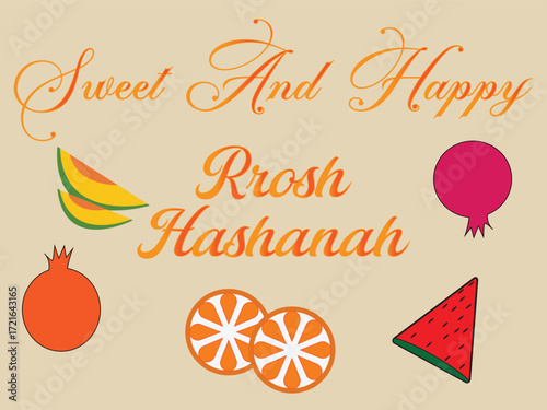 Sweet and happy Rosh Hashanah greeting with fruits on a beige colored background