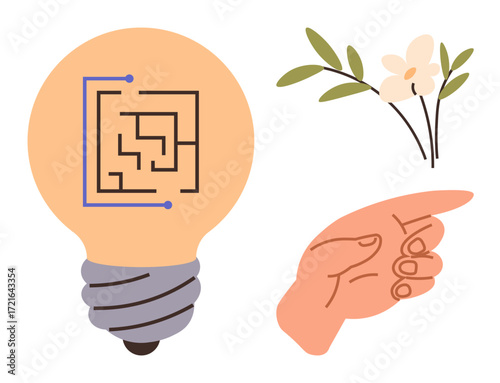 Lightbulb with circuit design for creativity, pointing hand for direction, and blooming flower for growth. Ideal for technology, innovation, ideas, guidance, growth, sustainability minimalism