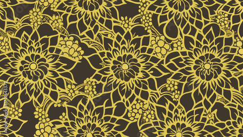 Yellow stylized flowers and berries pattern on a dark brown background seamless repeating design vector