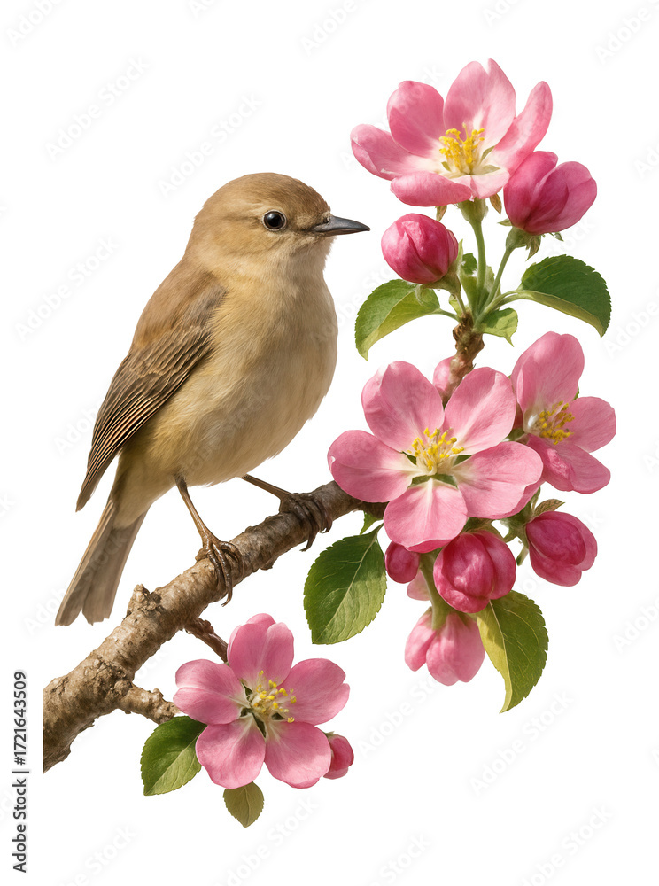 Fototapeta premium Little bird perched on a branch of blossoming apple tree with pink flowers.