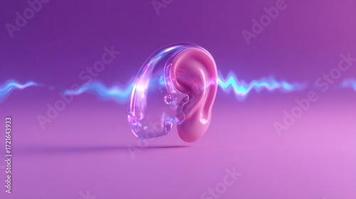 Transparent hearing aid on a pink ear. Modern deaf tech with sound wave. Solution for hearing impairment and deafness.