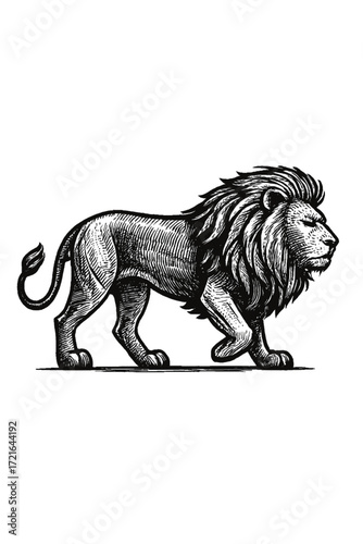 Majestic male lion walking with a full mane in a detailed vintage engraving style illustration