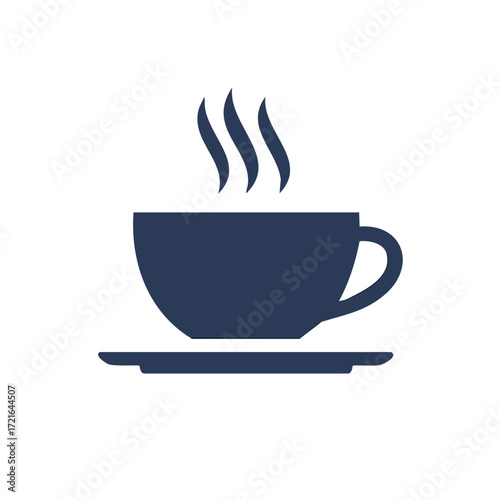 Dark blue flat design vector icon of a steaming hot beverage cup with a saucer. Simple graphic element for hot drinks.