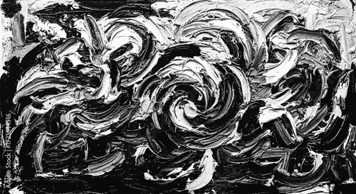 Dynamic black and white abstract painting with thick, swirling impasto brushstrokes, expressing energy and motion.
