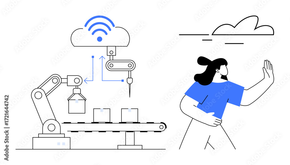custom made wallpaper toronto digitalRobotic arm manages items on conveyor under cloud with wireless connectivity, next to person in abstract style. Ideal for automation, technology, innovation, manufacturing, IoT, workforce, digital