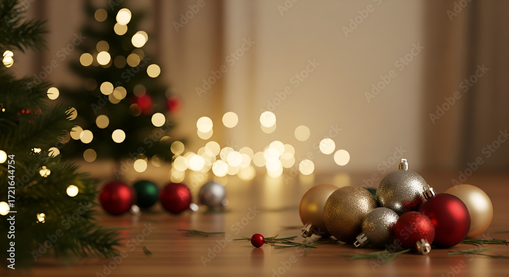 Fototapeta premium Christmas Ornaments Scattered by a Twinkling Tree: Festive Home Decor