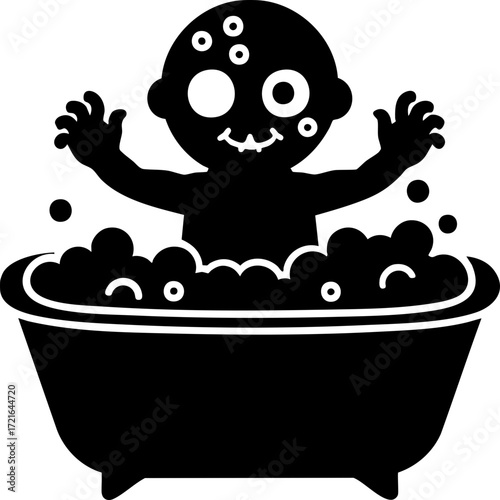 Cute cartoon zombie is joyfully taking bubble bath in bathtub, surrounded by playful bubbles. illustration is in simple, monochrome style, adding whimsical touch to spooky theme