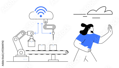 Wallpaper Mural Robotic arm manages items on conveyor under cloud with wireless connectivity, next to person in abstract style. Ideal for automation, technology, innovation, manufacturing, IoT, workforce, digital Torontodigital.ca