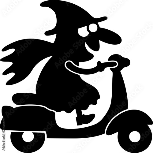 Cartoon witch rides scooter, showcasing whimsical and playful design. witch, with pointed hat and cape, adds magical touch to scene, evoking sense of fun and adventure