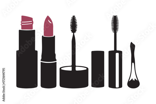 Collection of makeup products including lipsticks and mascara