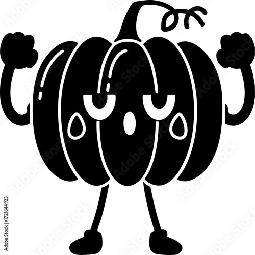 Cute cartoon pumpkin character with determined expression and raised arms, showcasing playful and whimsical design. illustration is simple and monochrome, emphasizing pumpkin features