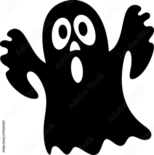 Spooky black silhouette of ghost with raised arms and open mouth, conveying sense of surprise or fright. simple design is often used for Halloween decorations or themes