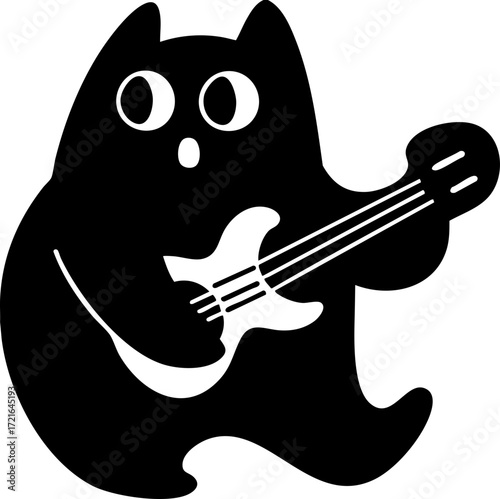 Cartoon cat character is playing electric guitar with enthusiasm. simple, monochrome design highlights playful and musical theme, capturing sense of fun and creativity. cartoon cat playing guitar