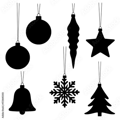 Collection of black christmas ornaments silhouettes including a ball icicle star snowflake bell and tree isolated on white background isolated on transparent background