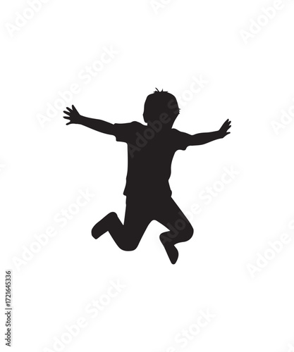 Silhouette of a child jumping with arms outstretched kid black white boy girl playful happy fun active energy movement vector