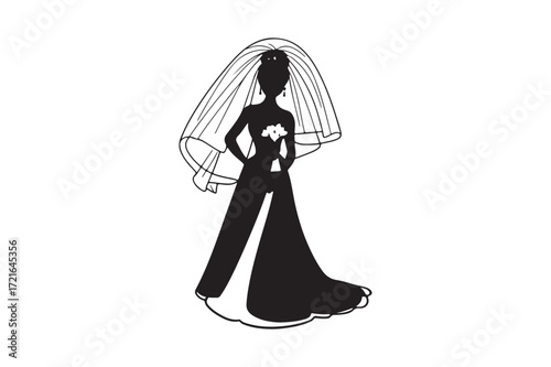 Elegant bride silhouette with veil and bouquet