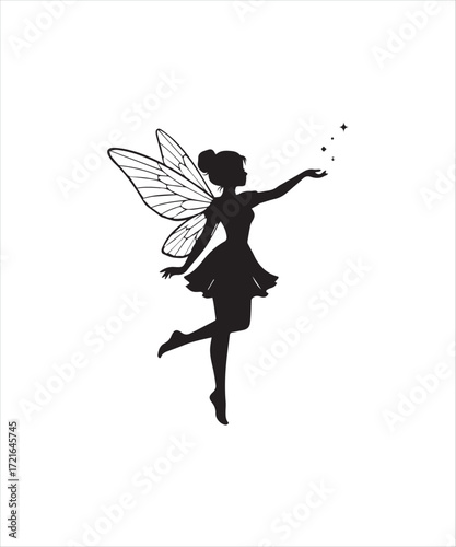 Silhouette of a fairy with wings, sprinkling magic dust sparkle glitter vector illustration fantasy whimsical magical design element
