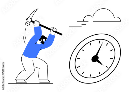 Worker swinging pickaxe at clock against abstract background, symbolizing time management, deadlines, persistence, productivity. Ideal for work-life balance, motivation, urgency, determination
