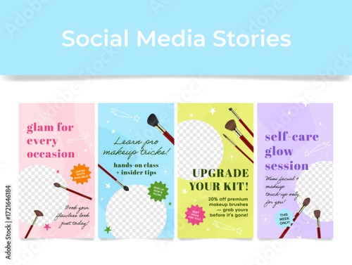 Creative social media stories template featuring cosmetic brushes for beauty and self-care promotion