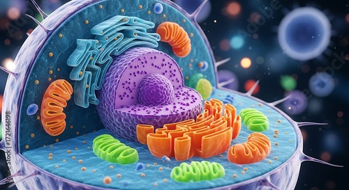 Detailed 3d illustration of a eukaryotic animal cell showcasing nucleus mitochondria endoplasmic reticulum and other organelles in a vibrant scientific depiction