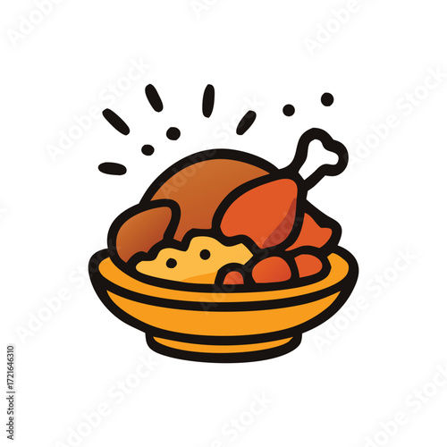 Meat distribution ensures golden bowl filled with roast chicken and gravy is delicious.