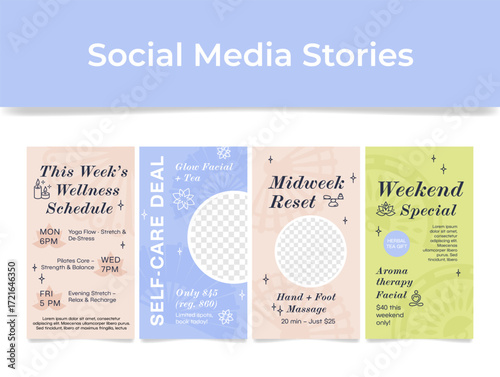 A social media story template that showcases a variety of spa offerings, including wellness programs, beauty discounts, and exclusive weekend deals.