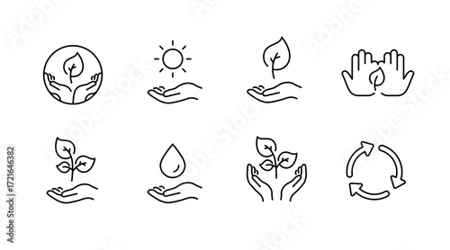 Environmental conservation outline icons set – sustainable, nature protection symbols