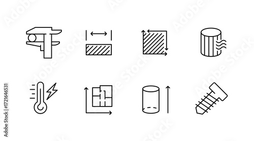 Engineering tools outline icons set - linear, blueprint, mechanical and technical symbols