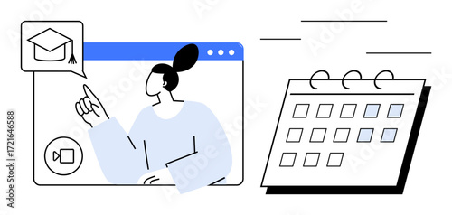Person engaging in an online learning session on a video call alongside a calendar. Ideal for education, webinars, planning, e-learning, tutoring, scheduling, productivity. Minimalist flat metaphor