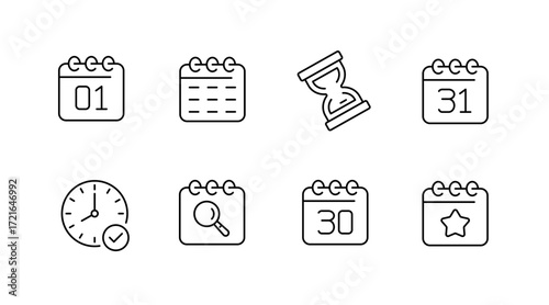 Calendar and planner outline icons set – linear, schedule, organization tools