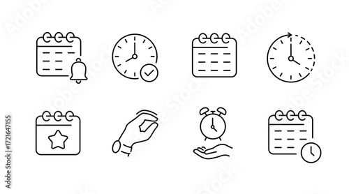 Time management outline icons set – linear, calendar and scheduling symbols