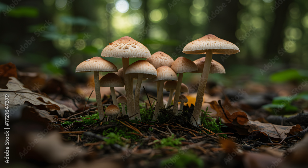 Fototapeta premium Mushroom Grove: A cluster of vibrant, cap-topped mushrooms thrives in a natural woodland setting, the textures and colors of the forest floor in a balanced composition.