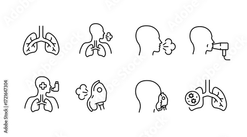 Respiratory health outline icons set – breathing, lungs, medical symbols