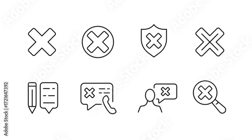 Error and cancel outline icons set – linear, line, and warning symbol collection