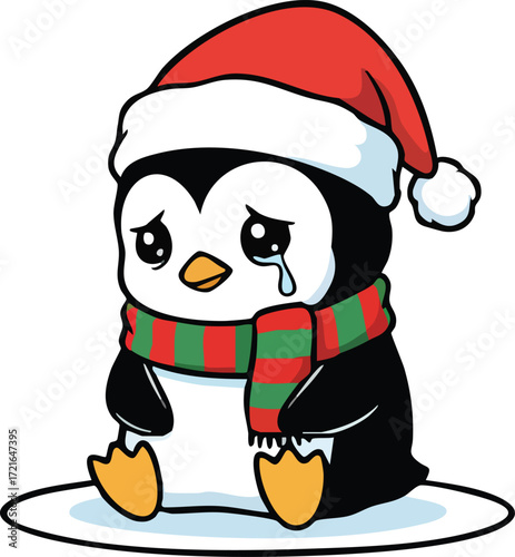 Sad Penguin in Santa Hat and Scarf Crying Tears