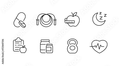 Fitness and health line icons set – outline, workout, wellness and exercise symbols