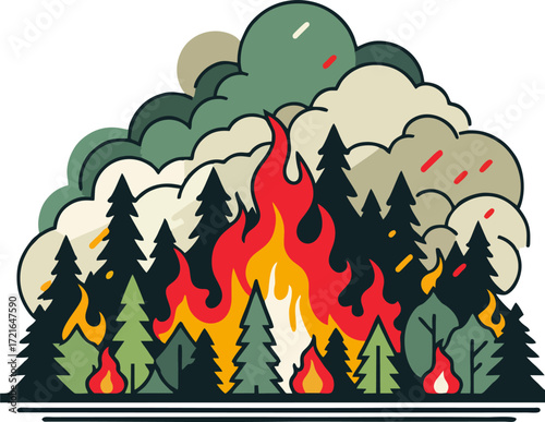 Stylized Vector Illustration of Forest Wildfire Burning Pine Trees with Dramatic Flames and Smoky Clouds – Environmental Disaster and Climate Change Concept