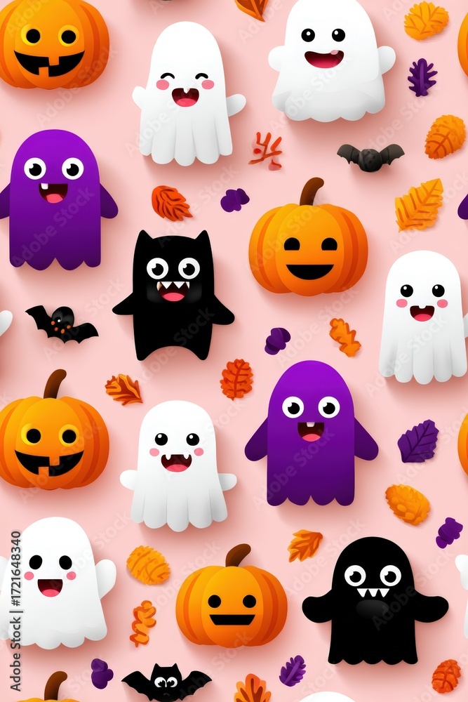 Fototapeta premium Cute Halloween Characters with Pumpkins and Ghosts on Pink Background
