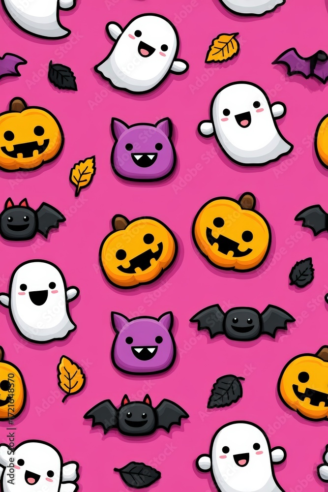 Fototapeta premium Colorful Halloween Pattern with Cute Ghosts and Pumpkins