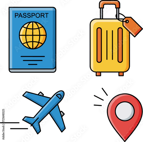 Travel essentials icon set featuring passport, suitcase, airplane, and location marker, perfect for travel agency websites and applications