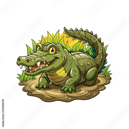 Cartoon Alligator Lounging in the Sun Surrounded by Grassy Foliage and Rich Brown Soil Bedding a Smiling Character
