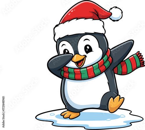 Cute Penguin Dabbing with Christmas Scarf and Santa Hat