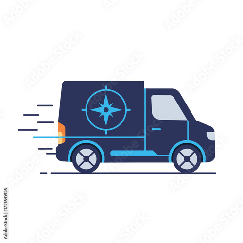 This sleek, dark blue vector delivery truck, featuring a prominent compass icon and dynamic speed lines, represents rapid and precise shipping services.