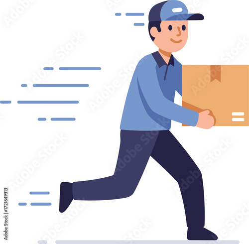 A diligent delivery man in a uniform cap and shirt swiftly runs to ensure a quick and efficient package drop-off service.