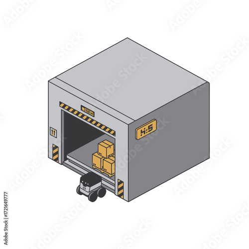 An isometric illustration depicts a sleek, modern warehouse facility where an autonomous robot efficiently handles logistics, symbolizing advanced supply chain automation.